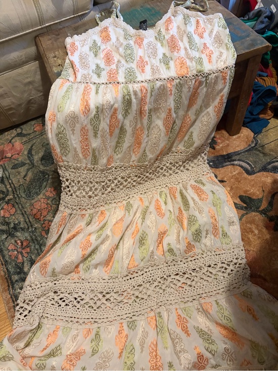 Me 2 Magic Dresses & Skirts - Boho Crochet-Waist Maxi Dress in White with Peach & Sage Print